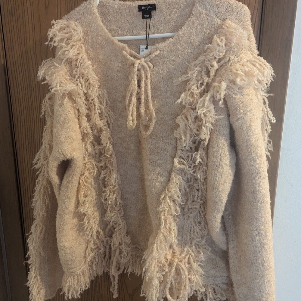 NWT Nasty Gal Lace Up Fringe Sweater Cream Textured Knit Boho Cowgirl Shaggy L